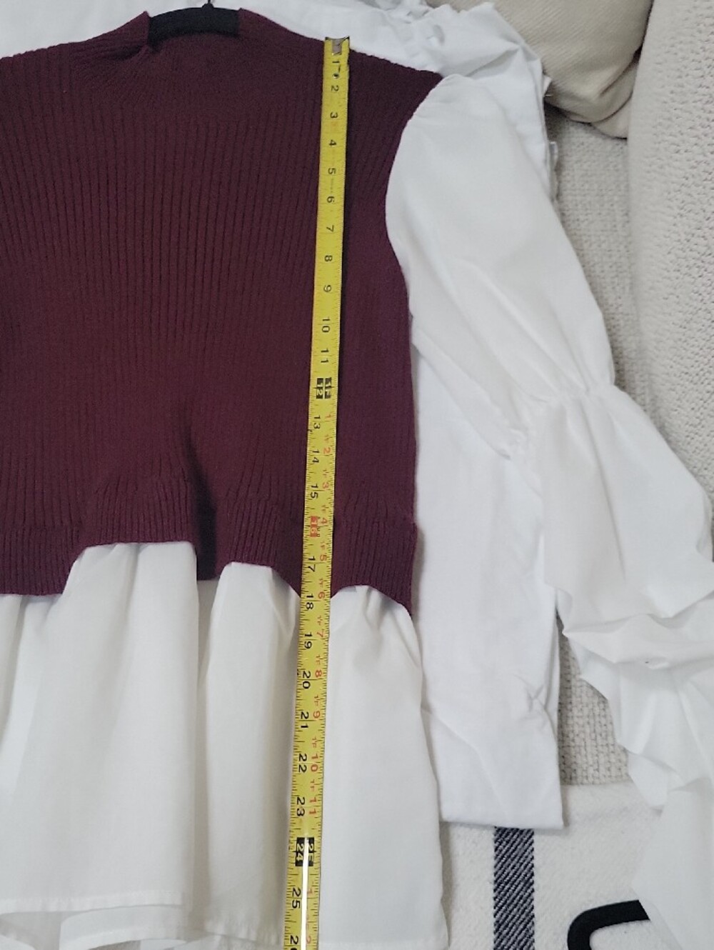 Burgundy Ribbed Mock Neck Tunic Over White Puff-Sleeve Blouse - Picture 4 of 4